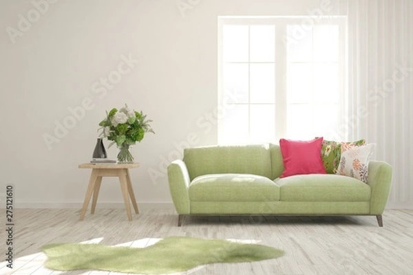 Fototapeta Stylish room in white color with sofa. Scandinavian interior design. 3D illustration