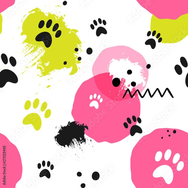 Obraz Vector seamless pattern with dog tracks. Abstract background with blots, scuffs.