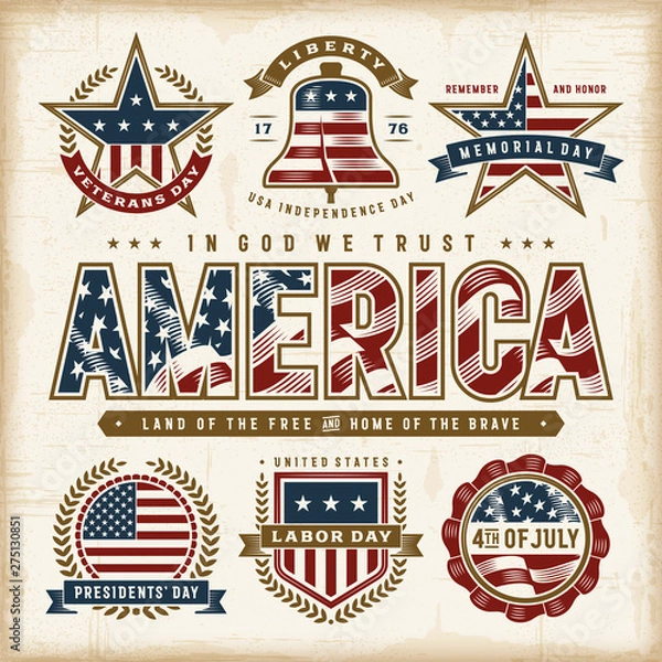 Fototapeta Vintage USA Patriotic Holidays Labels Set. Editable EPS10 vector illustration in retro woodcut style with transparency.