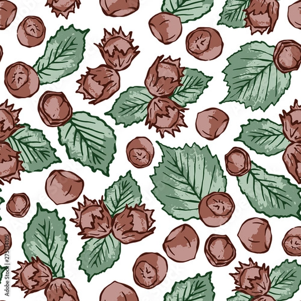 Fototapeta Seamless hazelnut vector pattern with leaves. Hand drawn sketch of nuts ideal for packaging and flyers.