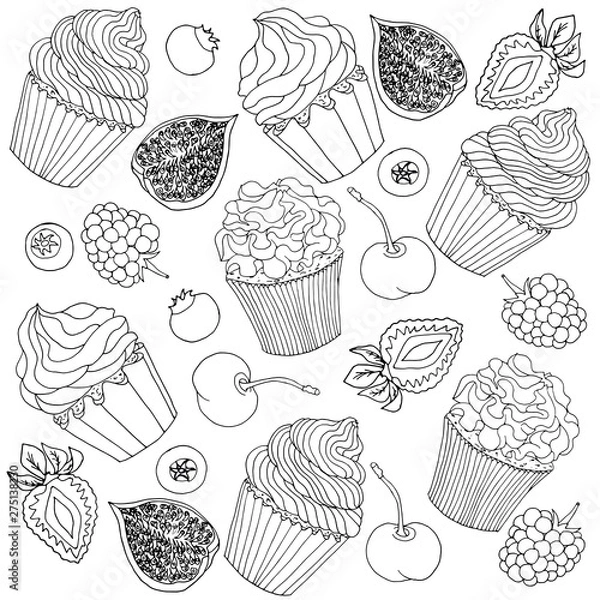Fototapeta Set of sketch drawn black contour cupcakes decorated with cream, fruits, isolated on white background.