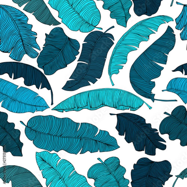 Fototapeta Seamless pattern of exotic banana leaves, randomly scattered and isolated on a transparent background.