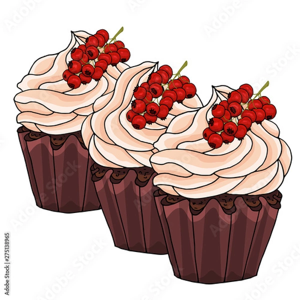 Fototapeta Illustration of a cupcakes decorate with chocolate cream and bunch of red currants, isolated on a white background.