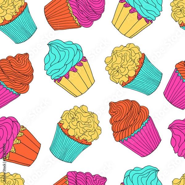 Fototapeta Multicolored cupcakes seamless pattern isolated on transparent background.