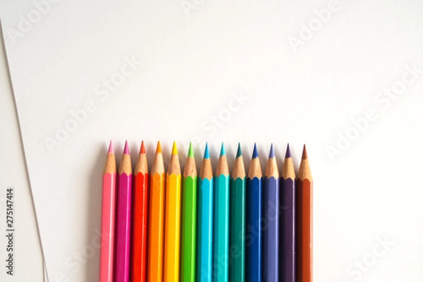 Fototapeta Photo of many color pencils on white background. Various colors. Advertising, blog post, newsletters.
