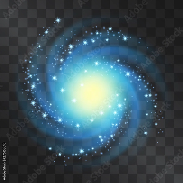 Fototapeta Silver glow neon blue galaxy vector light effect, blizzard with shining stardust halo. Decorative glittering cloud of sparkles, nebula top view. Hurricane top view, vortex on transparent background.