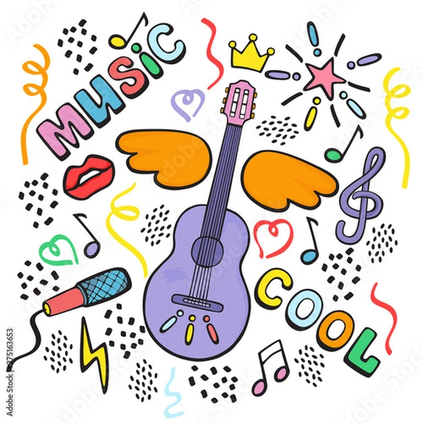 Obraz Composition with guitar, wings and musical signs. Hand drawing. Color vector doodling.