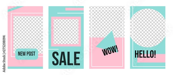 Obraz Set of editable template for social media stories. Vector illustration with abstract shapes in pink and mint colors on white background.