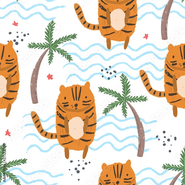 Fototapeta Cute seamless pattern with cartoon striped orange tigers, palms, sea waves and starfish. Funny summer hand drawn cats texture for kids design, wallpaper, textile, wrapping paper