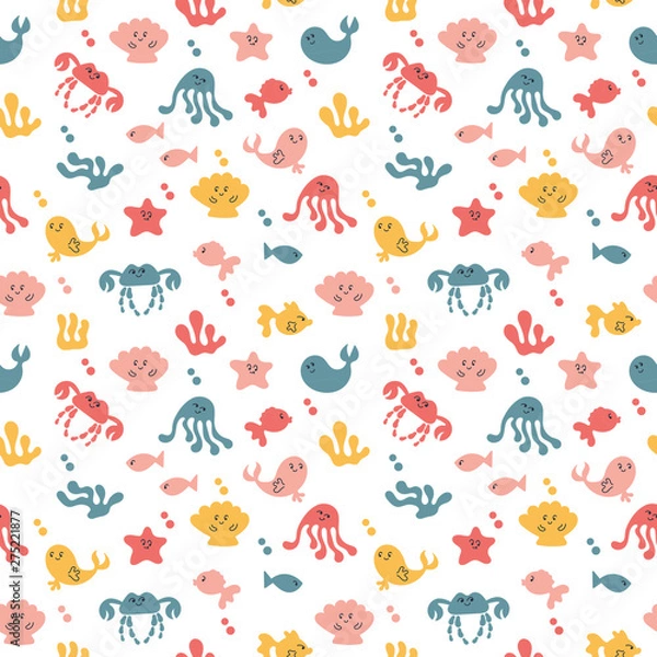 Fototapeta Doodle seamless background with fish, octopuses, crabs, starfish, dolphins, whales. Vector illustration. Kawaii characters. Bright color. On white background.