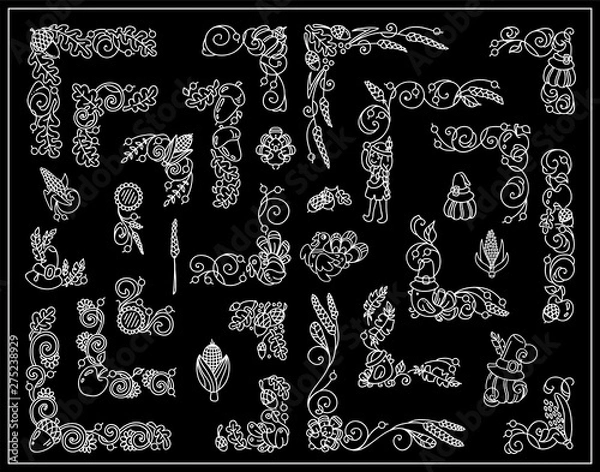 Fototapeta Vector vintage elements for design, black and white. Cute corners, dividers, tiny arts in Thanksgiving Day theme. Turkey, pumpkins, birds, vine, maize, ears of wheat, acorns, leaves. Chalkboard style