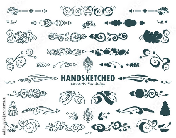 Fototapeta Vector set of calligraphic elements for design. Hand drawn cute arrows, indexes, dividers consist from beautiful vintage flowers, ear of wheat, leaves. Ornate and silhouette options