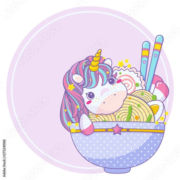 Obraz Vector cartoon print with kawaii unicorn sitting on ramen plate with lilac round frame. Anime style art, ramen, noodles, narutomaki, egg, chopsticks, onion and spice Asian food elements