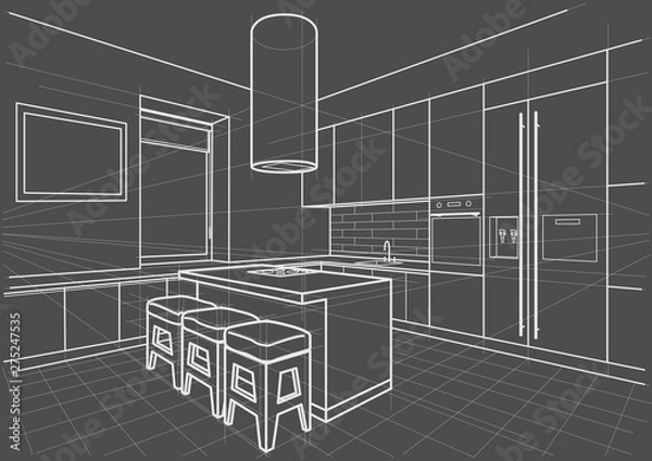 Fototapeta Abstract linear architectural sketch interior modern kitchen with island on gray background