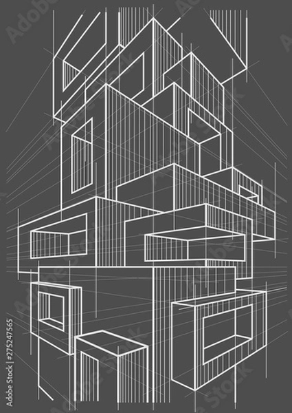 Fototapeta abstract linear architectural sketch of abstract multi storey modern building on gray background