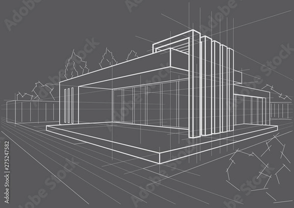 Fototapeta abstract architectural linear sketch modern cottage on gray background