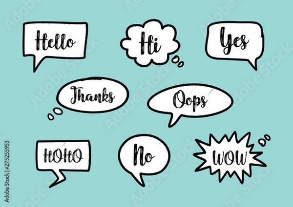 Fototapeta Set of the hand drawn vector speech bubbles with text on a turquoise background