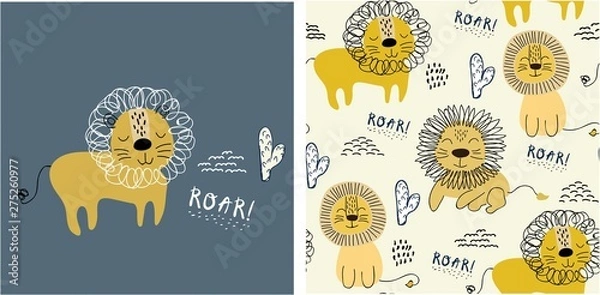 Fototapeta set of cute lion print and seamless pattern with lions. vector