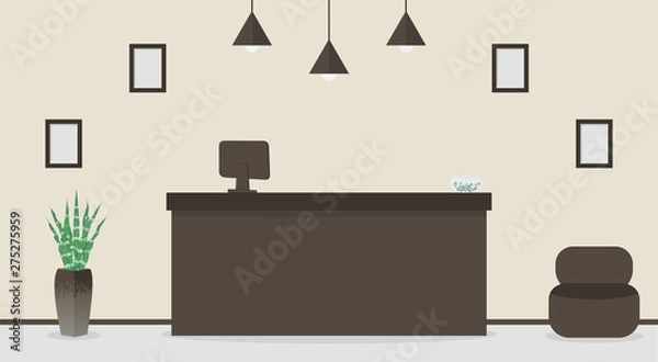 Fototapeta Empty reception desk in hotel or bank, receptionist workplace. Waiting room, hall in business office, modern interior with furniture, armchair for customers.Vector illustration