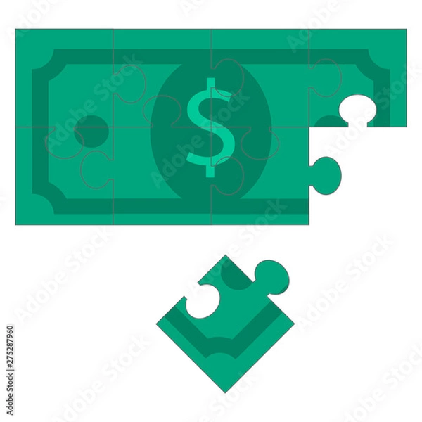 Fototapeta flat icon of green dollar bill assembled from puzzle pieces