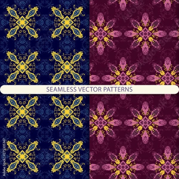 Fototapeta Vector seamless patterns with yellow, blue, pink and red and blue ornament elements. print for textiles, wrapping paper, wallpaper design, packaging design.