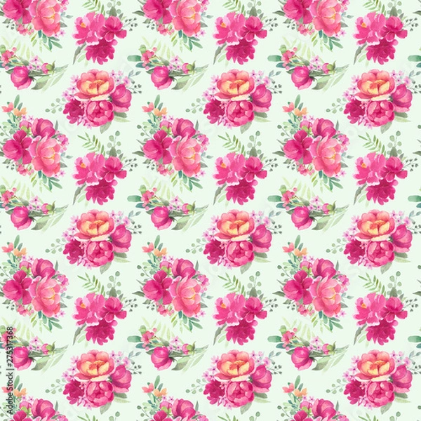 Obraz Watercolor pattern design with peonies and leaves. Hand painted floral background with floral elements, peony and flowers. Garden style card