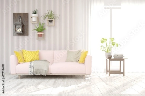 Fototapeta Stylish room in white color with sofa. Scandinavian interior design. 3D illustration