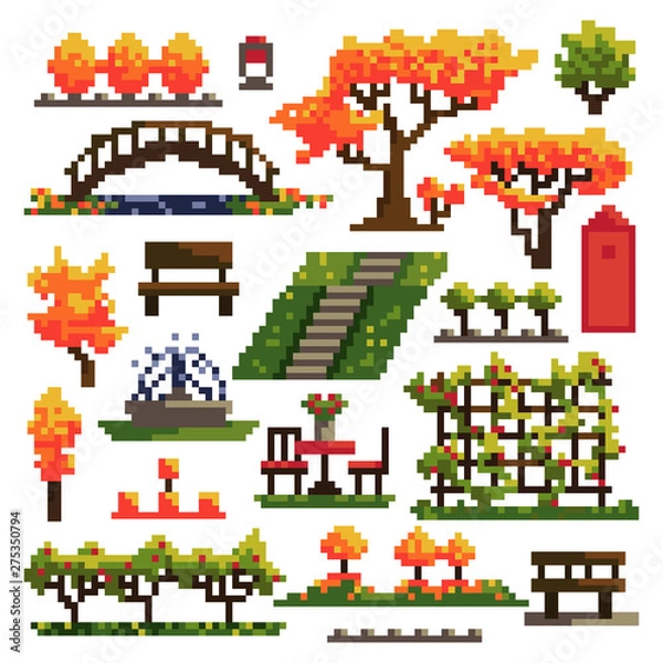 Fototapeta Set of objects for autumn park isolated on white background. Landscaping. Pixel art. Vector illustration