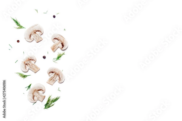 Fototapeta Champignons, close-up, isolated on white background. Top view