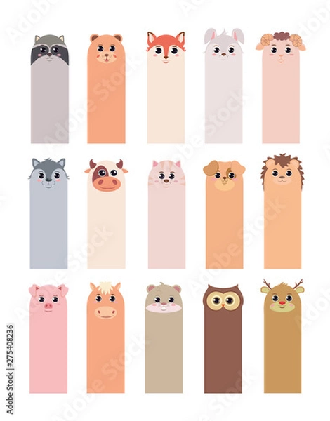 Obraz Bookmarks for children's books with animals: raccoon bear Fox hare sheep wolf cow cat dog hedgehog pig horse hamster juice deer