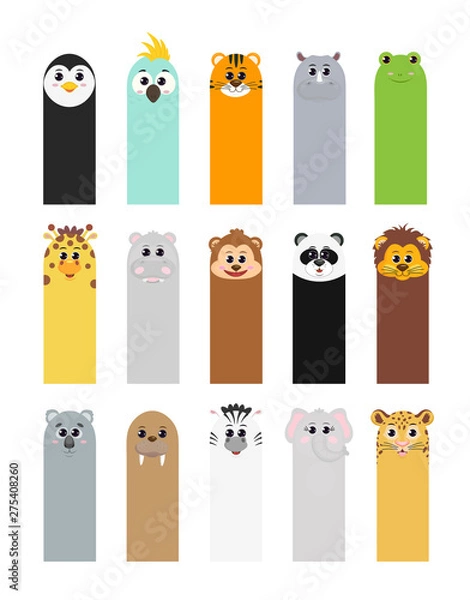 Fototapeta Bookmarks for children's books with animals: penguin parrot tiger Rhino frog giraffe Hippo monkey Panda lion Koala walrus Zebra elephant leopard.