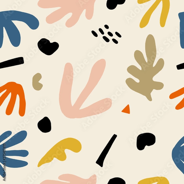 Fototapeta Seamless childish pattern with hand drawn abstract leaves and shapes. Creative scandinavian kids fabric, wrapping texture, textile, wallpaper, home apparel. Vector illustration.