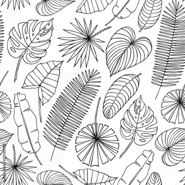 Fototapeta Monochrome vector seamless pattern with tropical leaves.
