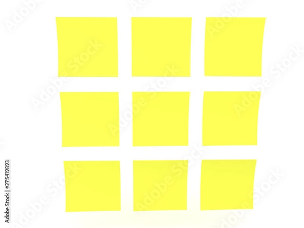 Fototapeta 3D Rendering of nine yellow sticky notes