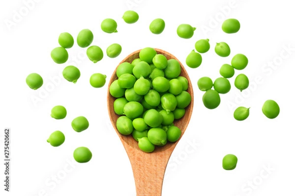 Fototapeta fresh green peas in a wooden spoon isolated on a white background. top view