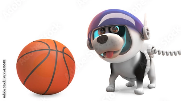 Fototapeta Funny puppy dog in spacesuit playing with basketball, 3d illustration