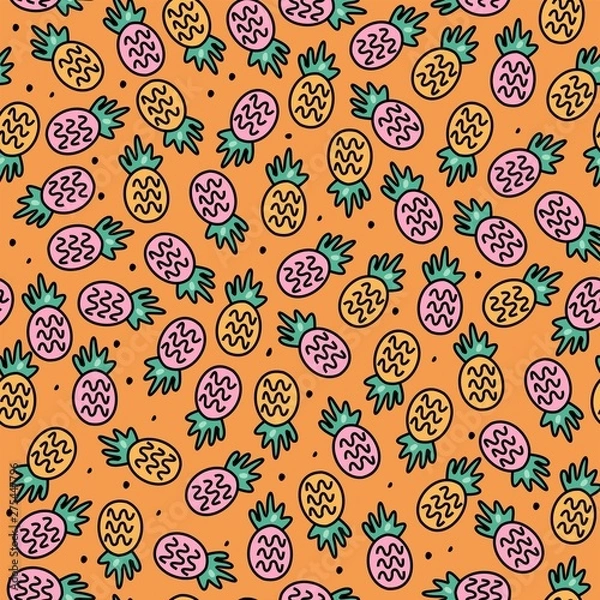 Fototapeta Seamless vector pattern with drawing pineapples. Summer background for seasonal goods.