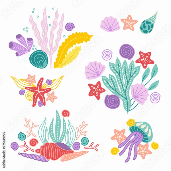 Obraz Set of ocean compositions with seaweeds, shells, starfish, jellyfish, coral