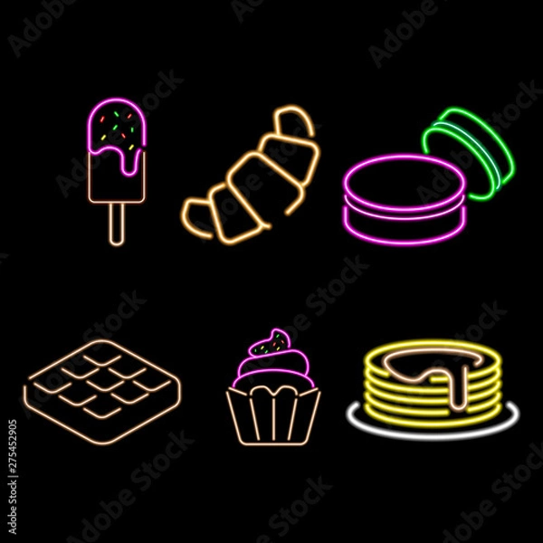 Fototapeta Simple Set of neon dessert related Icons. Contains such Icons as macarons, pancake, Sweet Waffle and more.