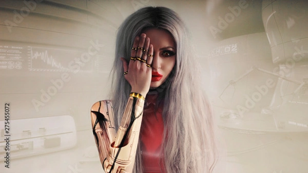 Obraz Robot girl in lab holds metal hand near face