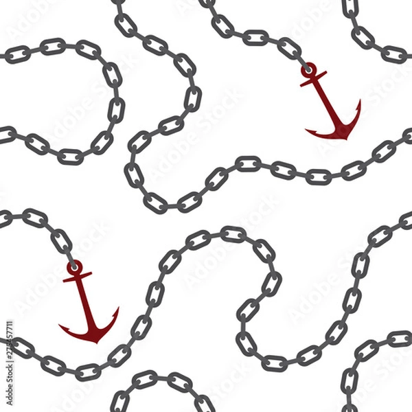 Fototapeta Seamless vector white chain with steel ship anchor. Isolated on white background.