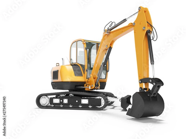 Fototapeta Orange mini crawler excavator on rubber tire with turned cabin to the left 3d render on white background with shadow