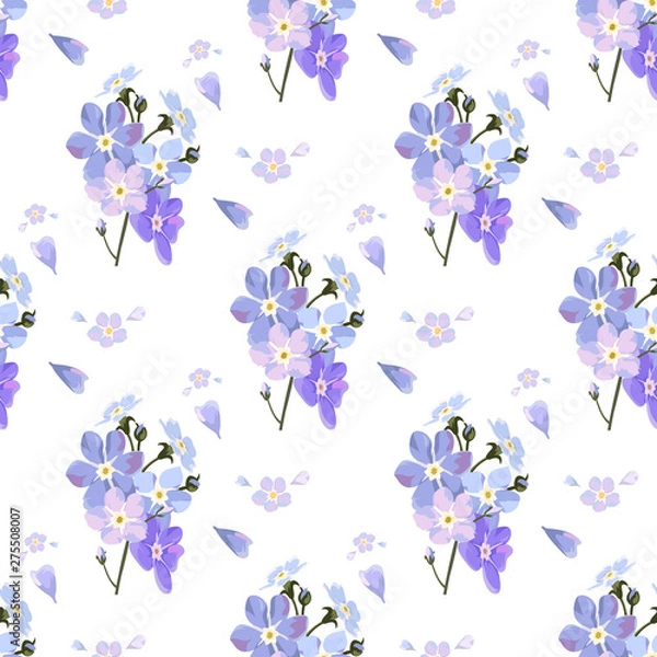 Fototapeta Vintage seamless pattern with field small blue flowers on white background.