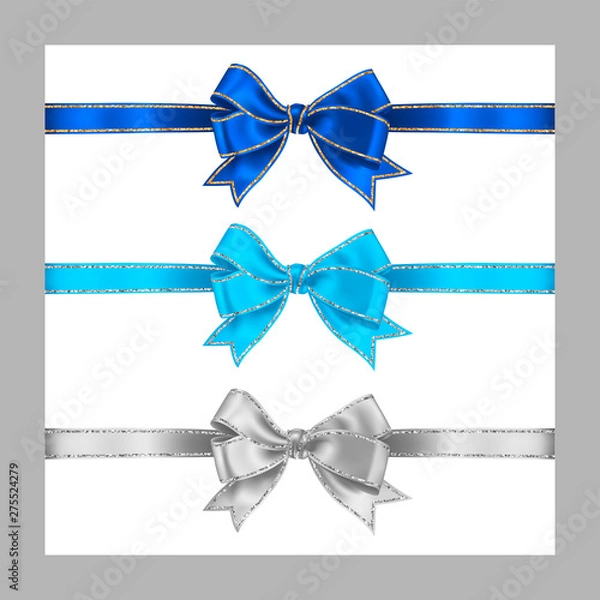 Fototapeta Set of three realistic white blue and azure silk ribbon bow with gold and silver glitter shiny stripes, vector illustration for decoration, promotion, advetrisment, sale or celebration banner or card