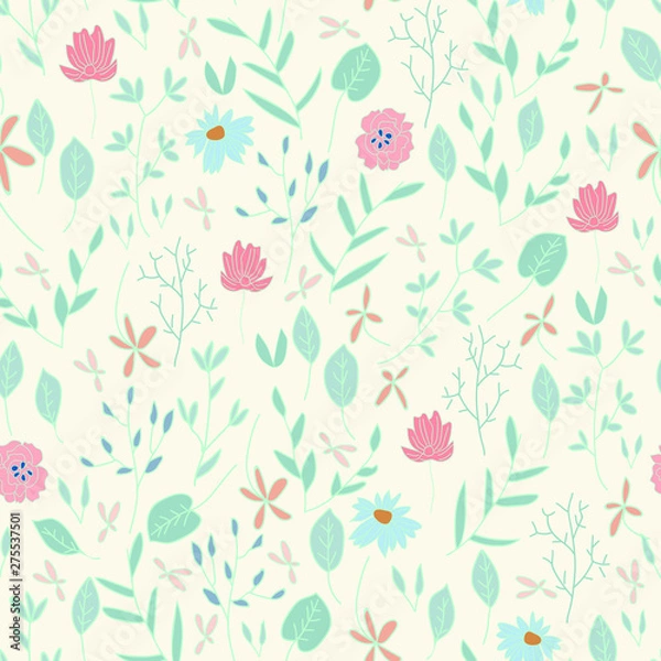 Fototapeta leafy, dense, stylish botanical floral vector seamless pattern cream background editable