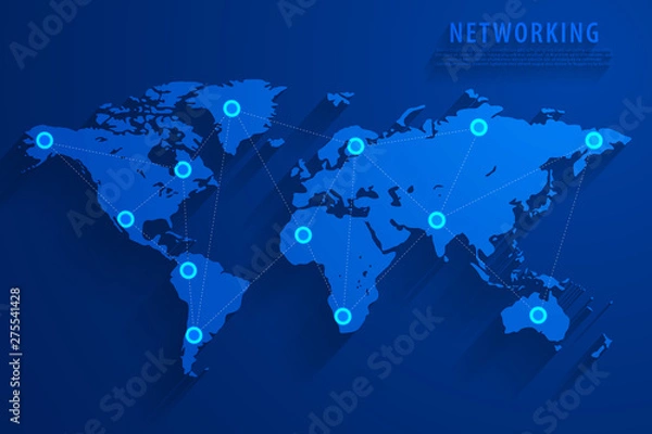 Fototapeta Global network connection background, blue world map, vector