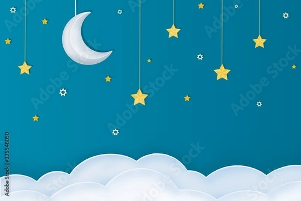 Fototapeta Moon, stars and clouds on a blue background. Goodnight concept. Paper cut and 3D effect. Night theme