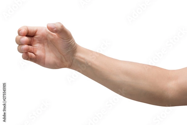 Fototapeta a hand holding something like a bottle or smartphone isolated on white background with clipping path.