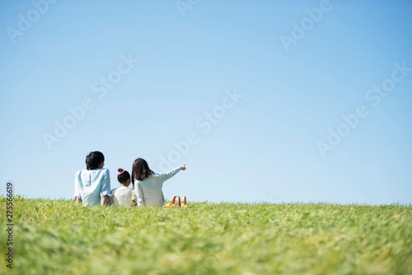 Obraz 草原でピクニックをするファミリーの後ろ姿