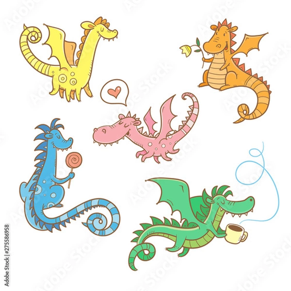 Fototapeta Cartoon dragons set. Cute animals. Vector contour colorful image.